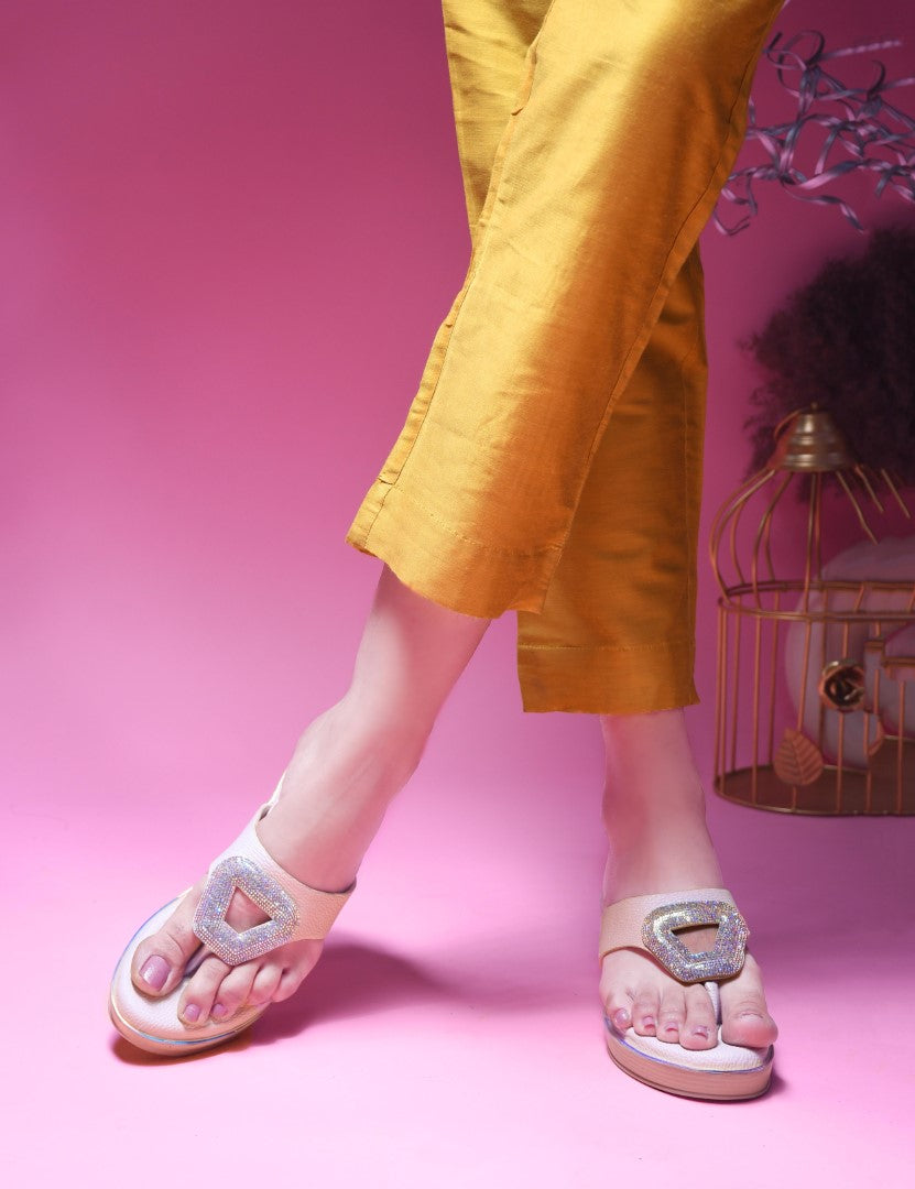 Wedge slip-on sandals with metallic buckle detail by Jm Looks for women and girls Cream