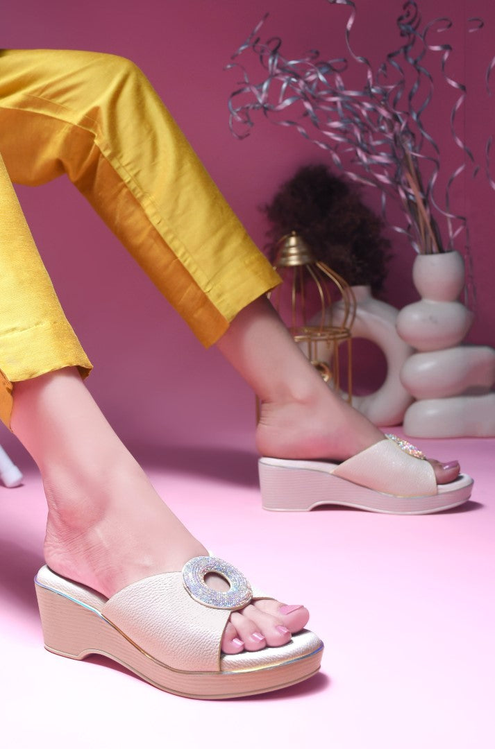 Wedge sandals for women and girls by Jm Looks with shimmer buckle detail Cream