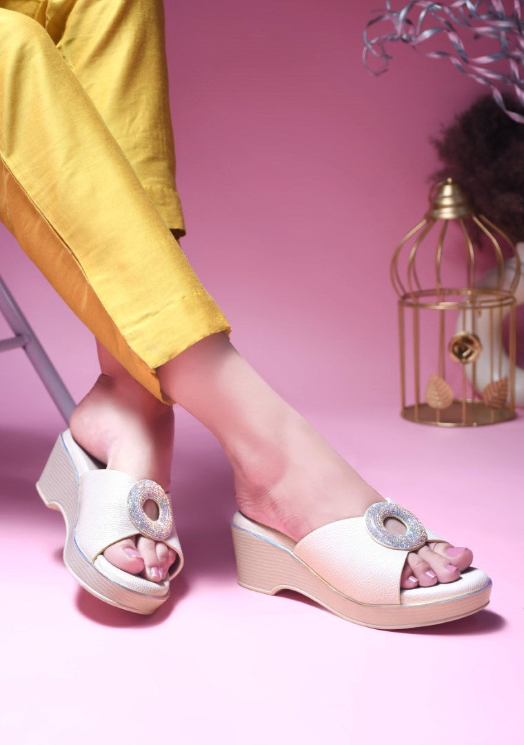 Wedge sandals for women and girls by Jm Looks with shimmer buckle detail Cream
