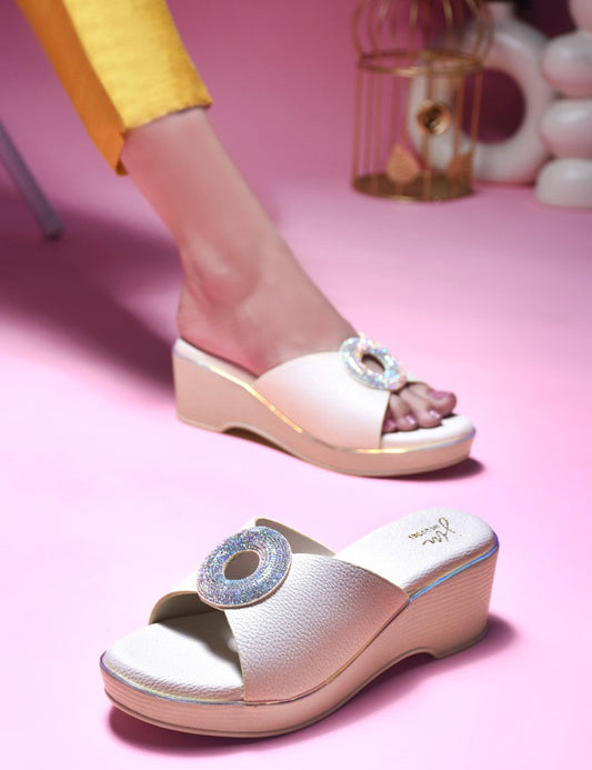 Wedge sandals for women and girls by Jm Looks with shimmer buckle detail Cream