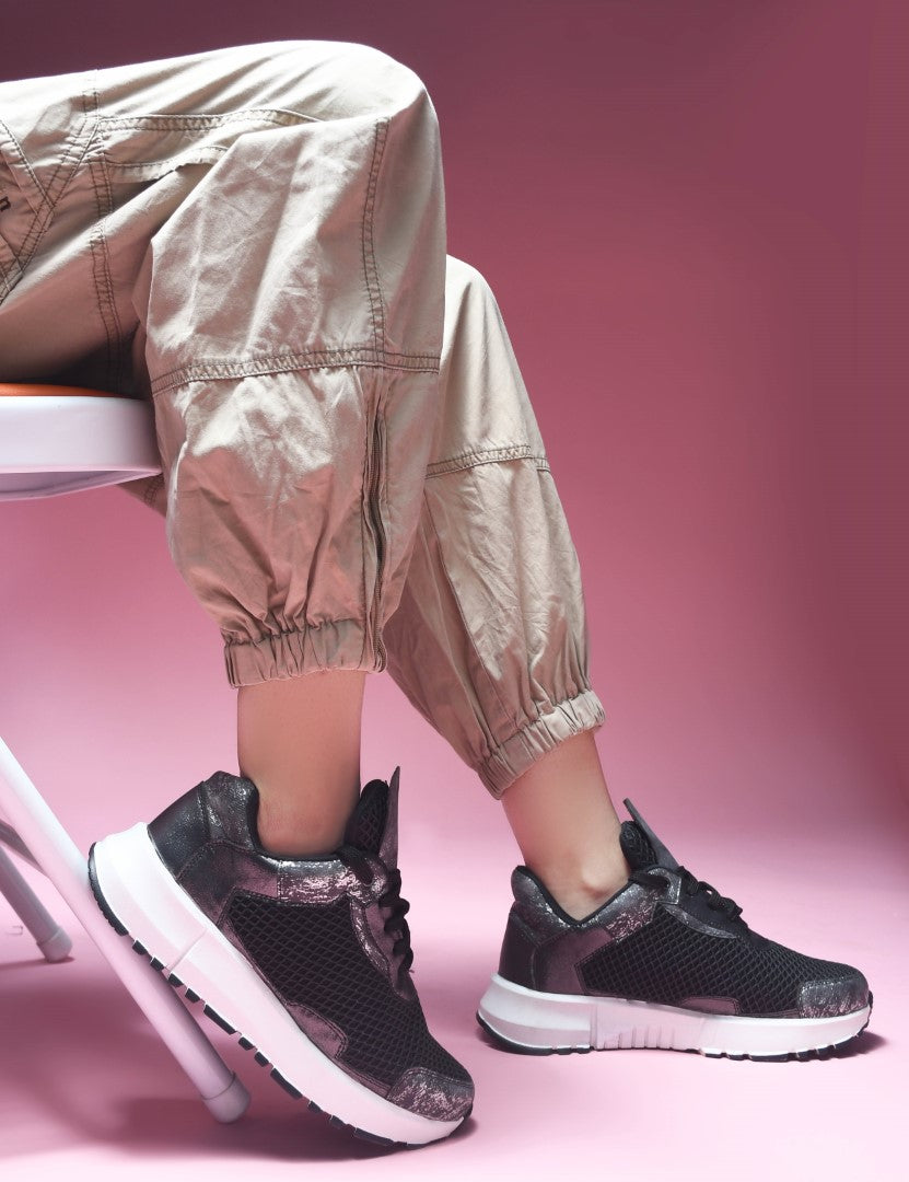 chunky sole sneakers with mesh panels and durable outsoles
Black