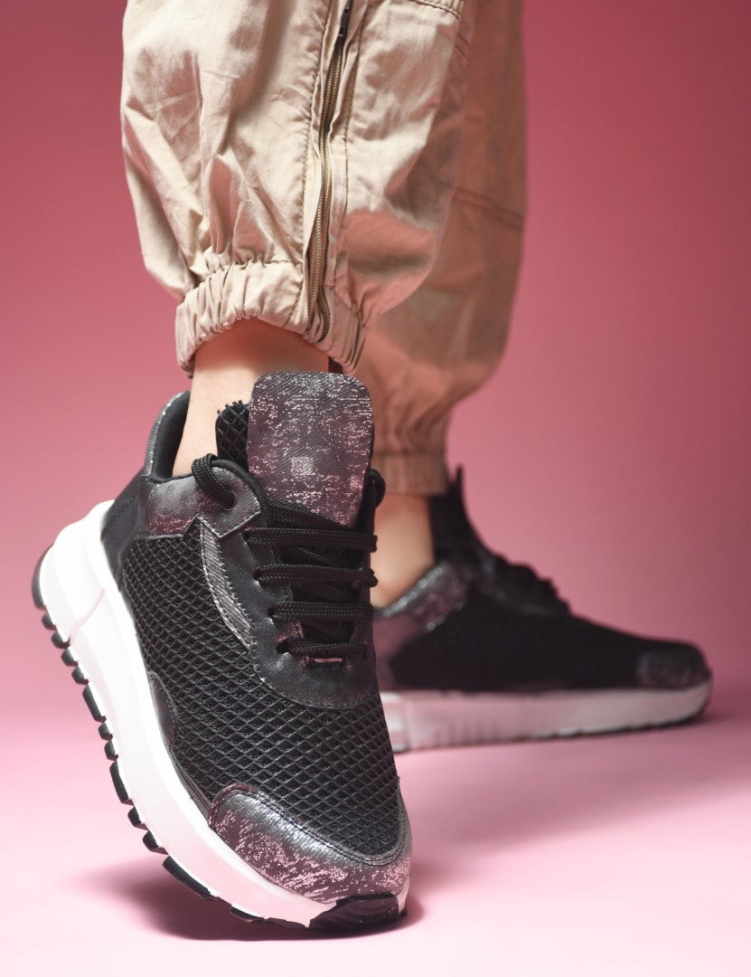 chunky sole sneakers with mesh panels and durable outsoles
Black