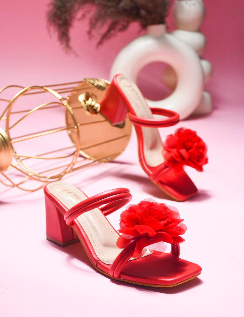 Jm Looks Floral Embellished Block Heels Red