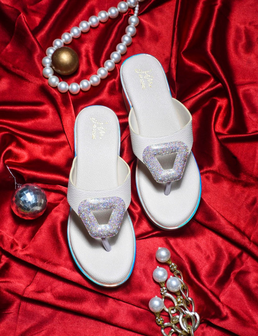 Wedge slip-on sandals with metallic buckle detail by Jm Looks for women and girls Cream