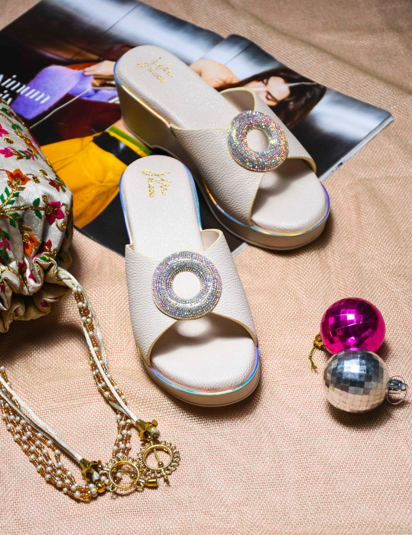 Wedge sandals for women and girls by Jm Looks with shimmer buckle detail Cream