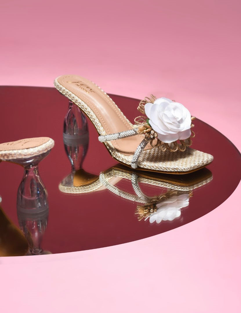 Jm Looks floral embellished square toe heels with a unique clear heel
Cream