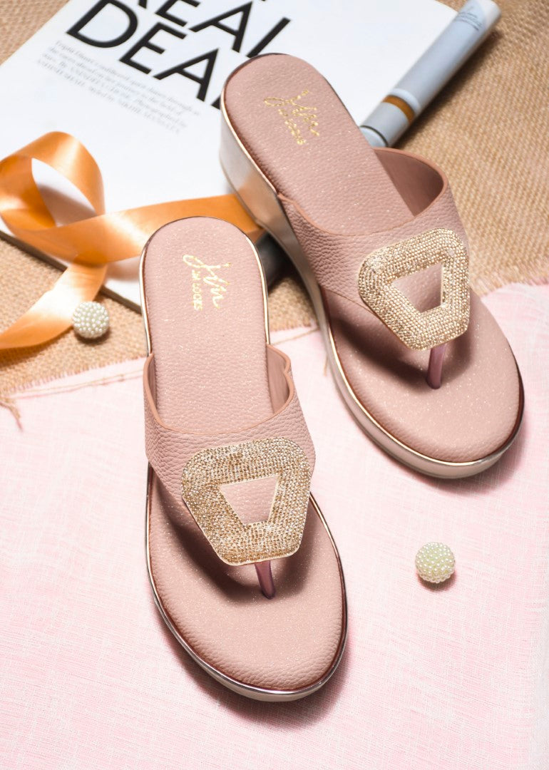 Wedge slip-on sandals with metallic buckle detail by Jm Looks for women and girls Peach