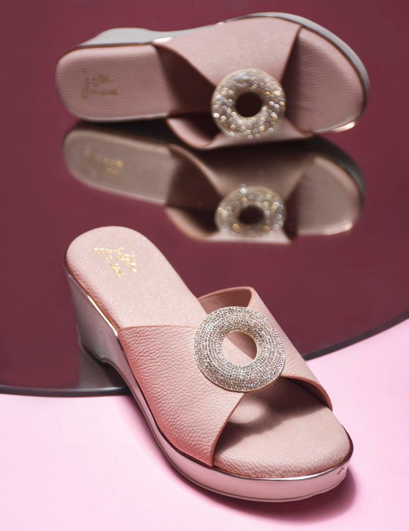 Wedge sandals for women and girls by Jm Looks with shimmer buckle detail Peach