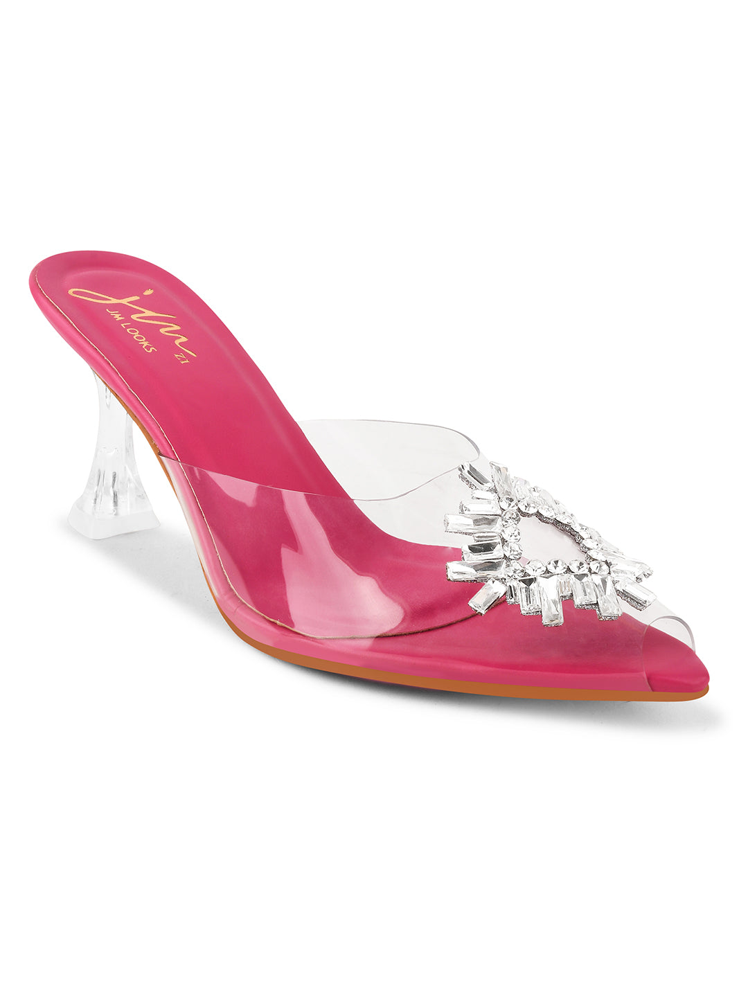 Square Rhinestone Flare Transparent Heels for Women and Girls Barbie Pink
