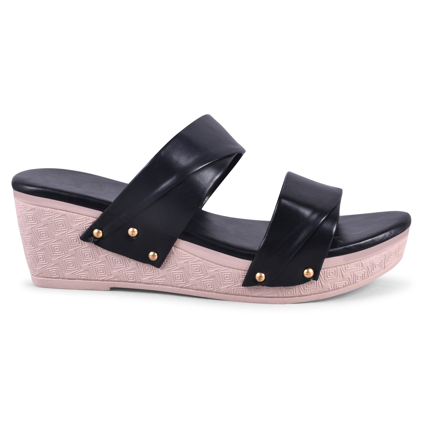 dual strap wedge heel slides with decorative studs
Black