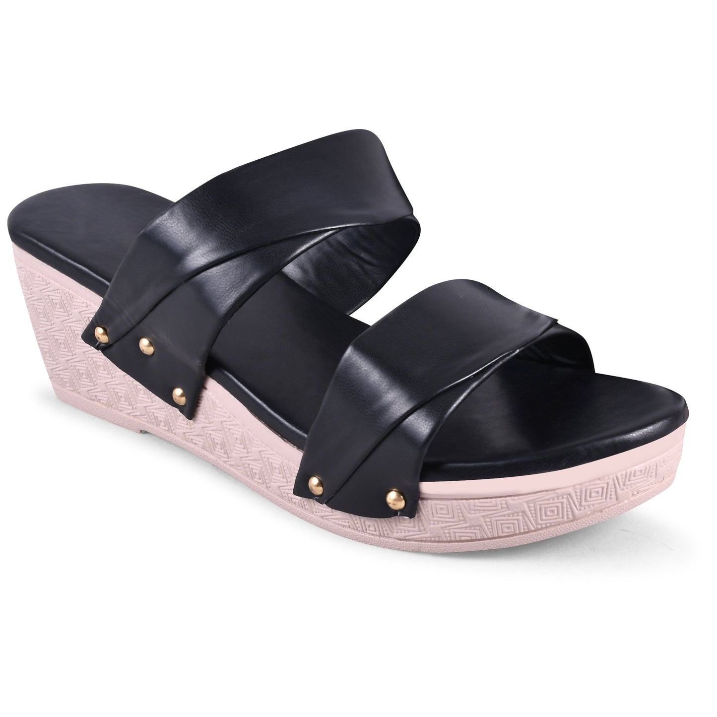 dual strap wedge heel slides with decorative studs
Black