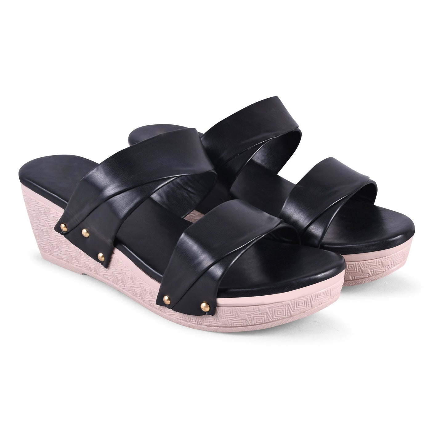 dual strap wedge heel slides with decorative studs
Black
