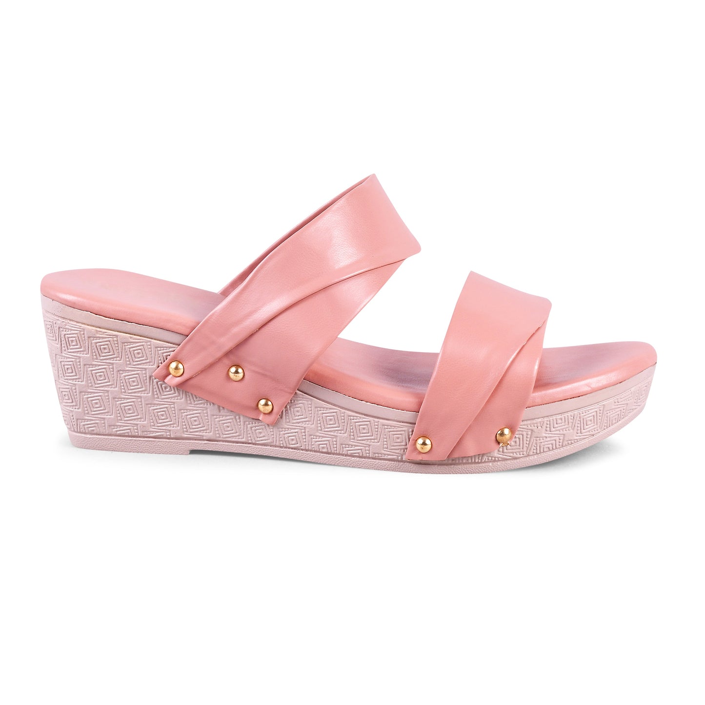 dual strap wedge heel slides with decorative studs
Peach