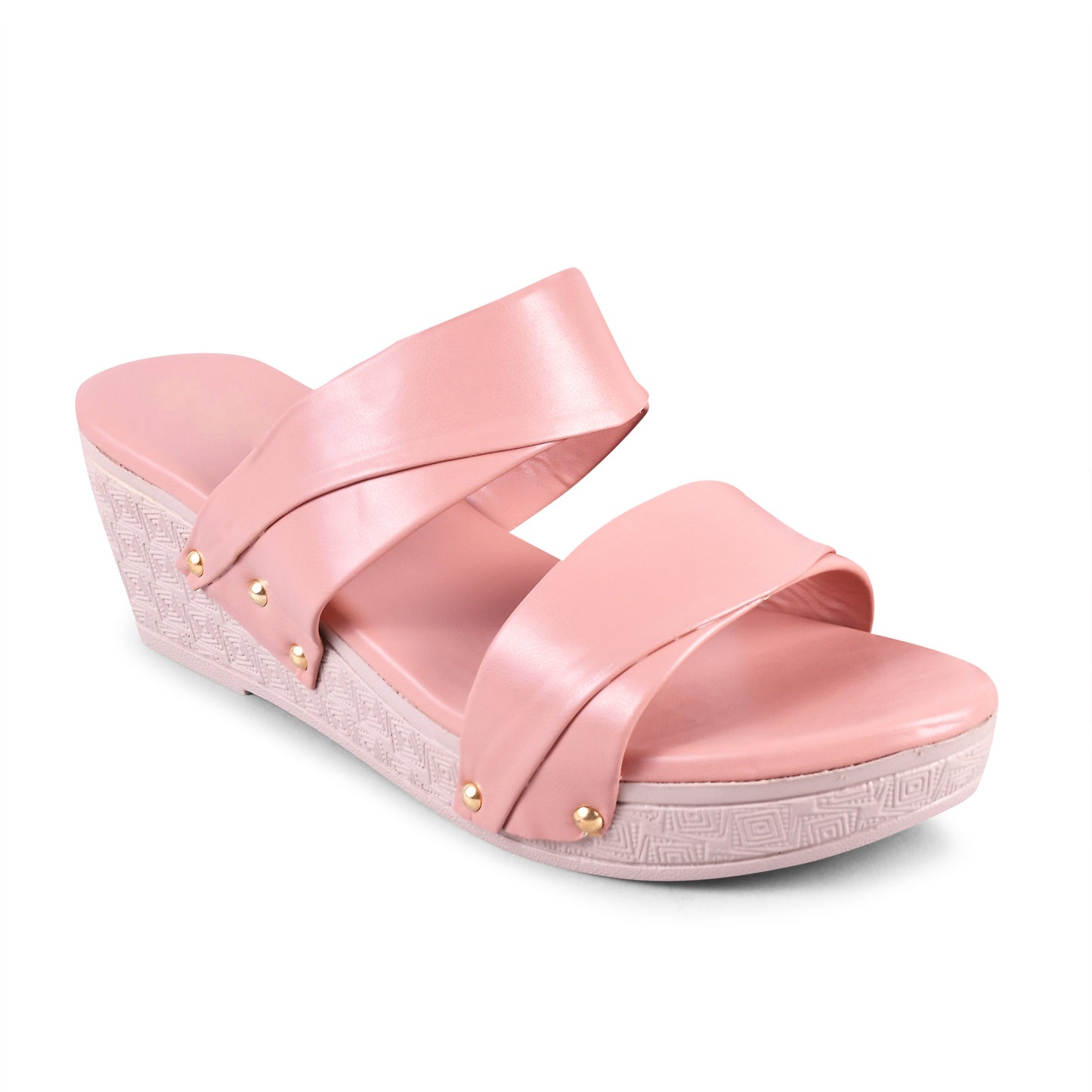 dual strap wedge heel slides with decorative studs
Peach