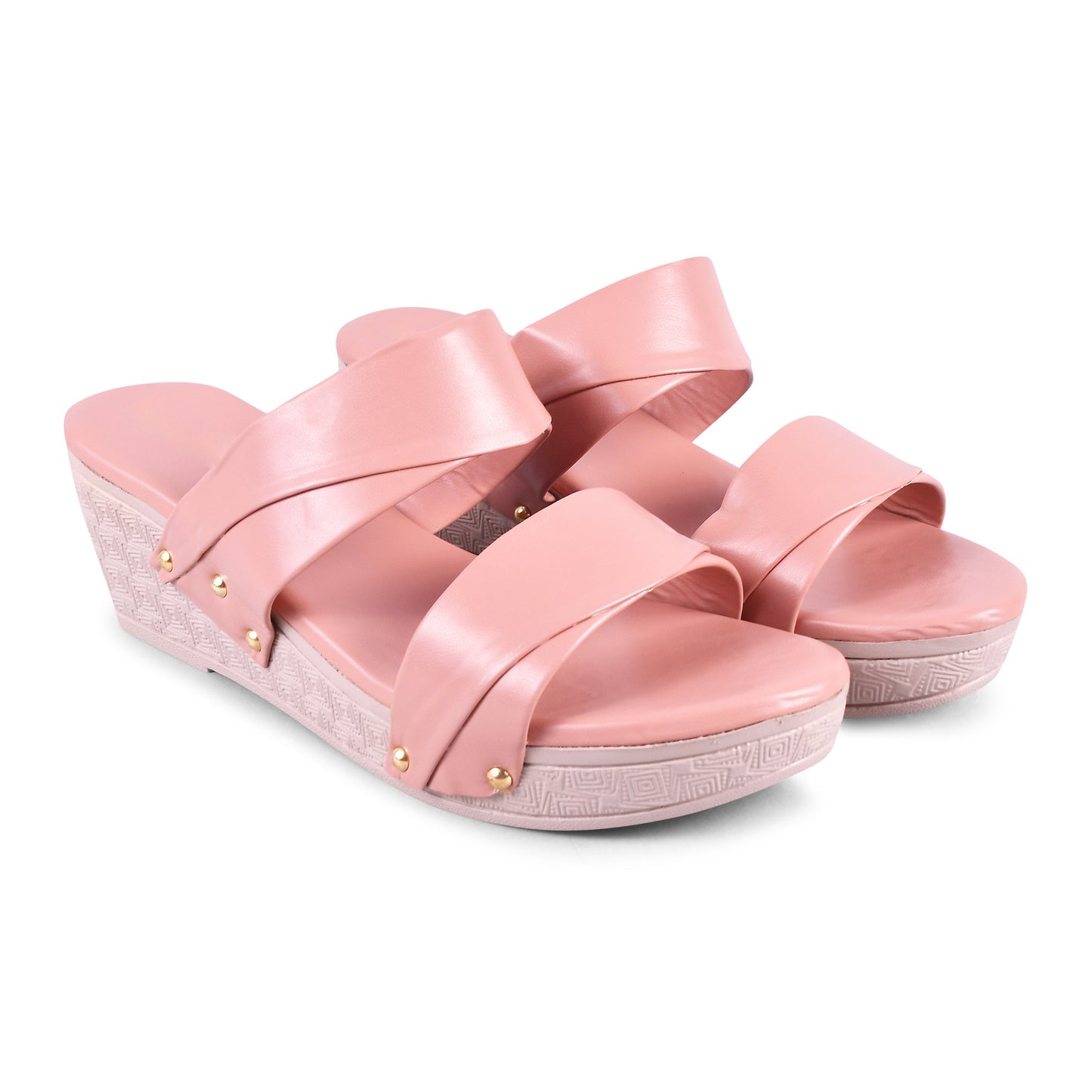 dual strap wedge heel slides with decorative studs
Peach