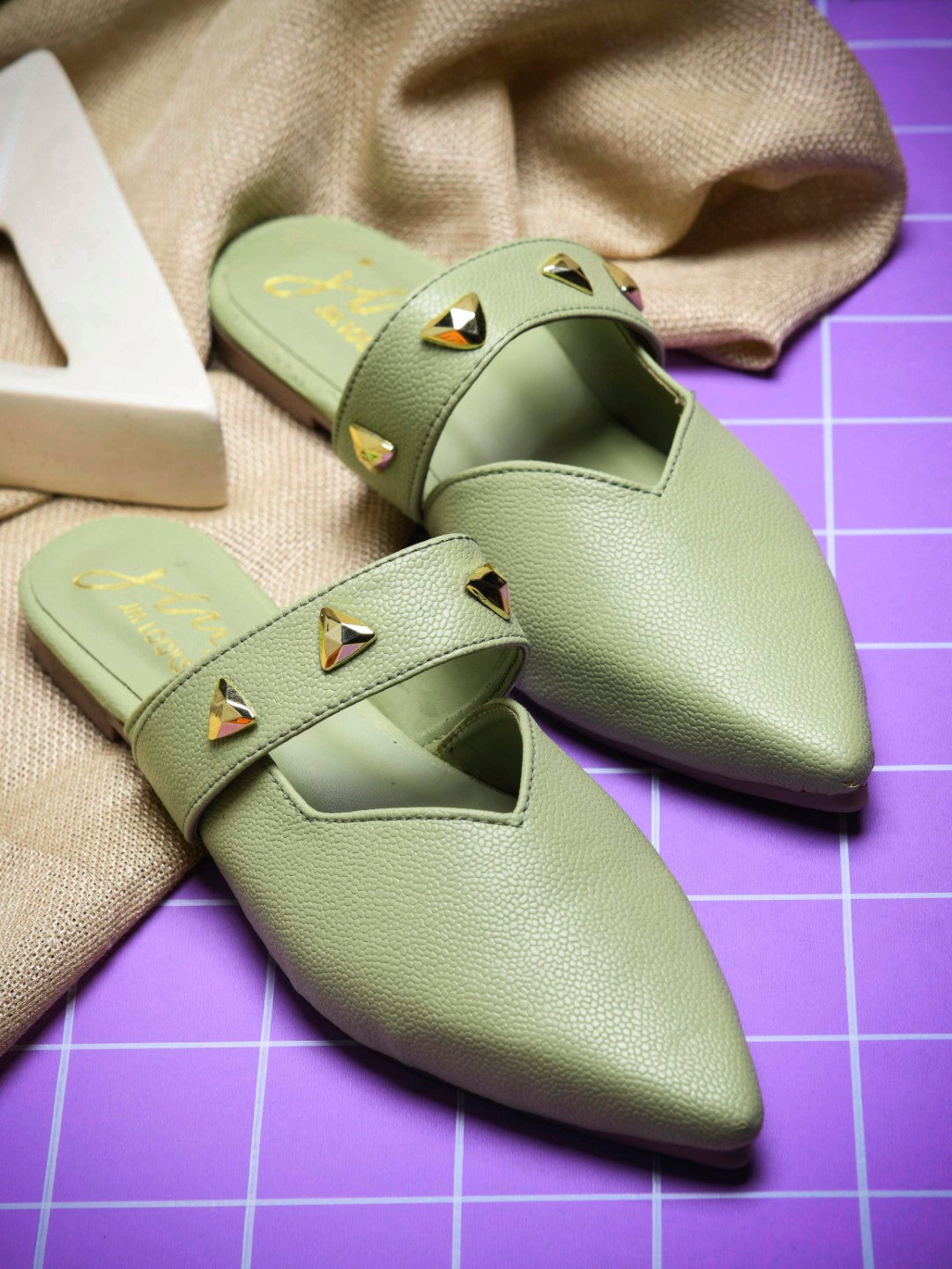 Pointed-Toe Mules with Studded Strap Detail See-Green