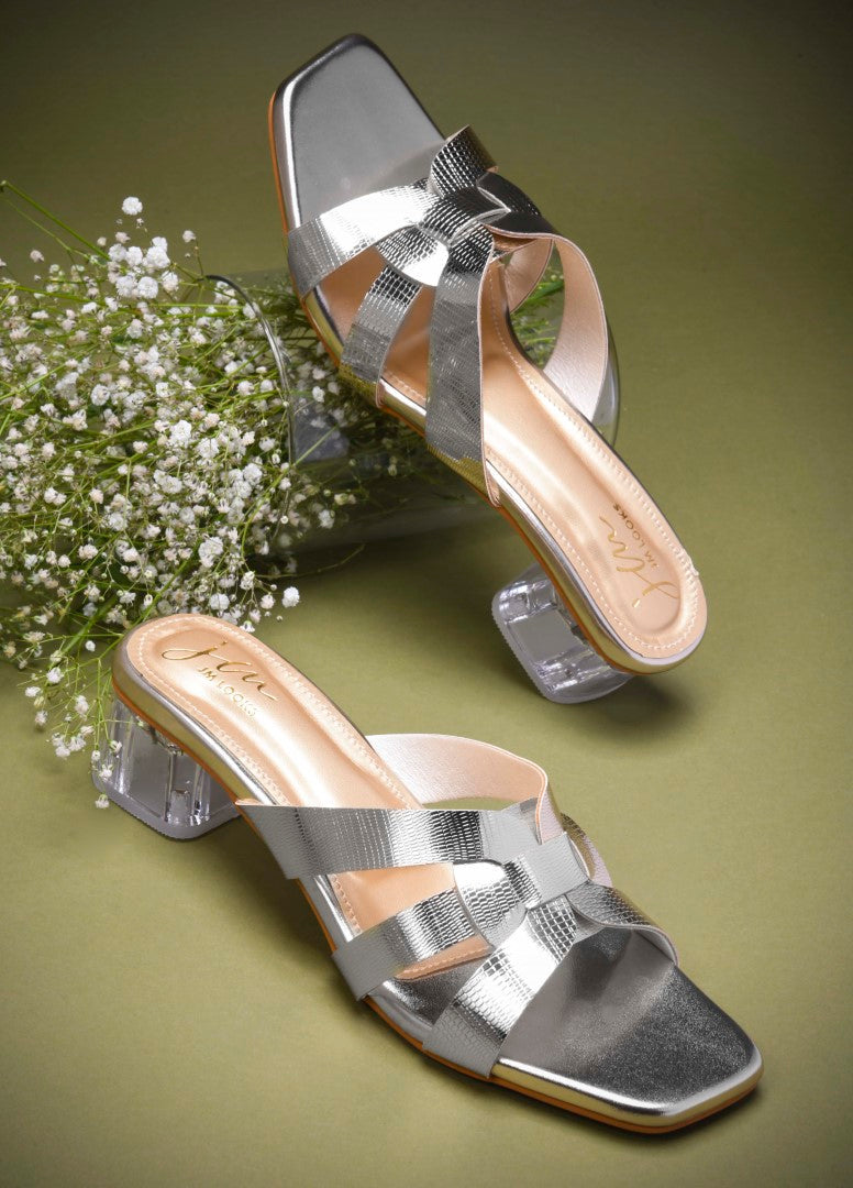 Strappy Block Heel Sandals | Slip-On Summer Shoes | JM Looks Silver