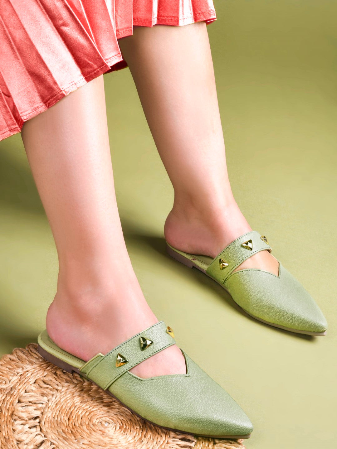 Pointed-Toe Mules with Studded Strap Detail See-Green