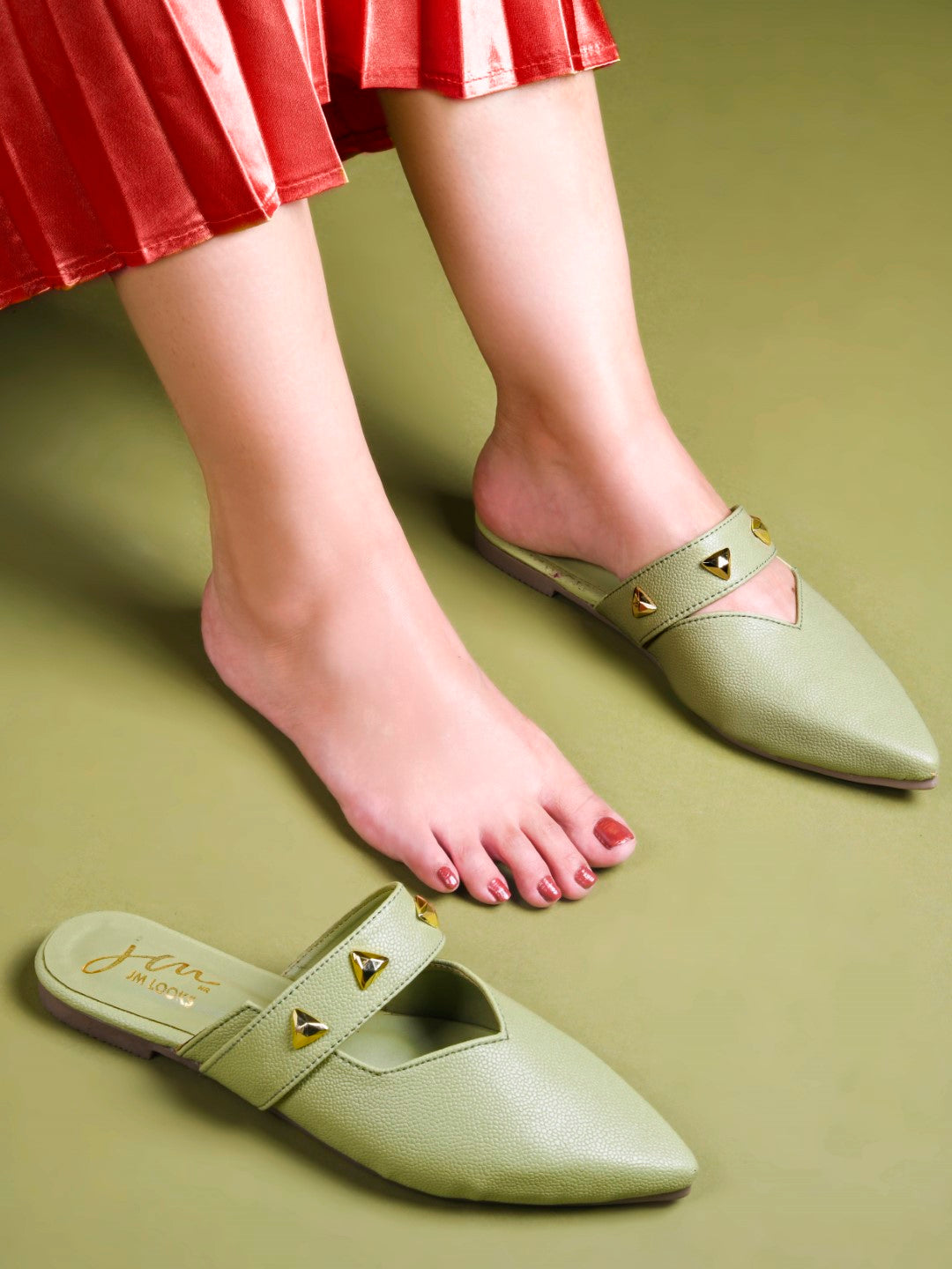 Pointed-Toe Mules with Studded Strap Detail See-Green