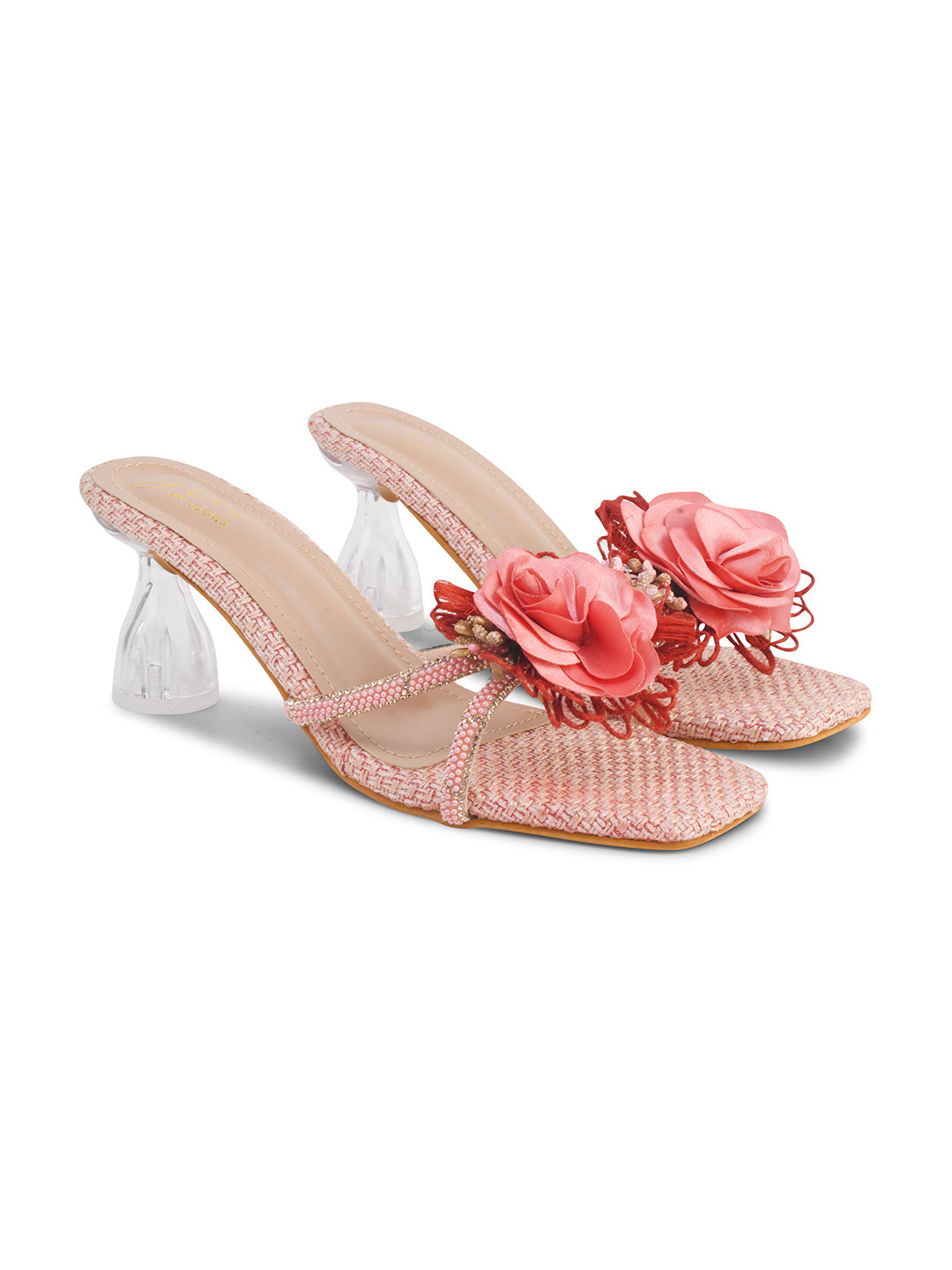Jm Looks floral embellished square toe heels with a unique clear heel
Peach