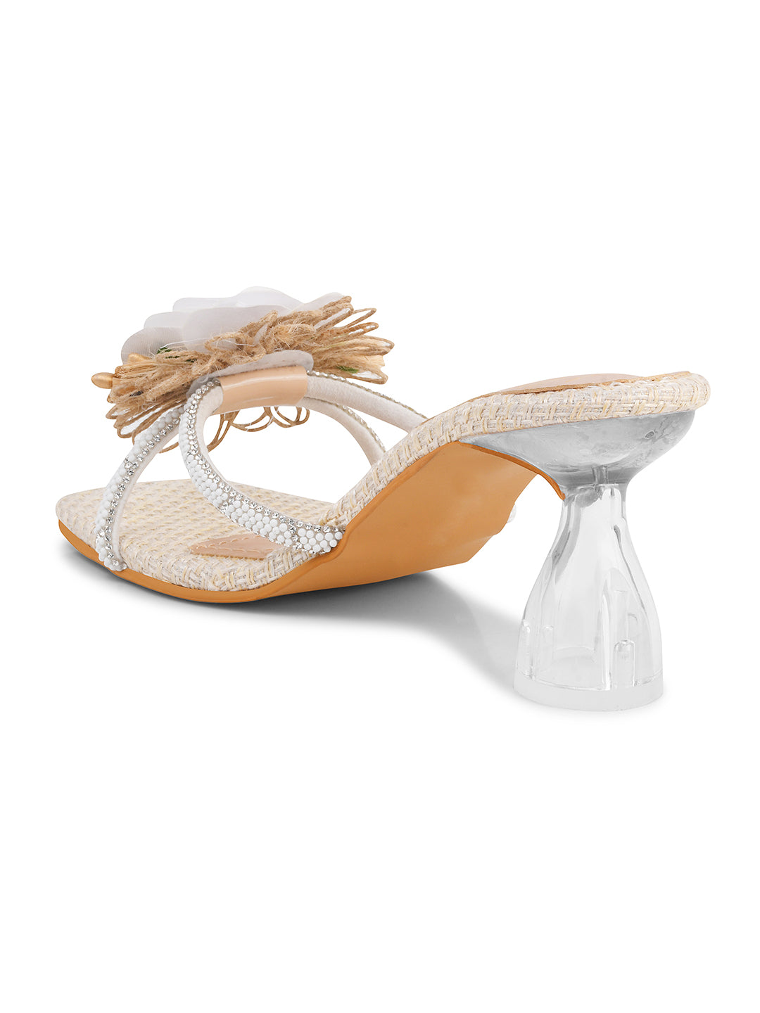 Jm Looks floral embellished square toe heels with a unique clear heel
Cream