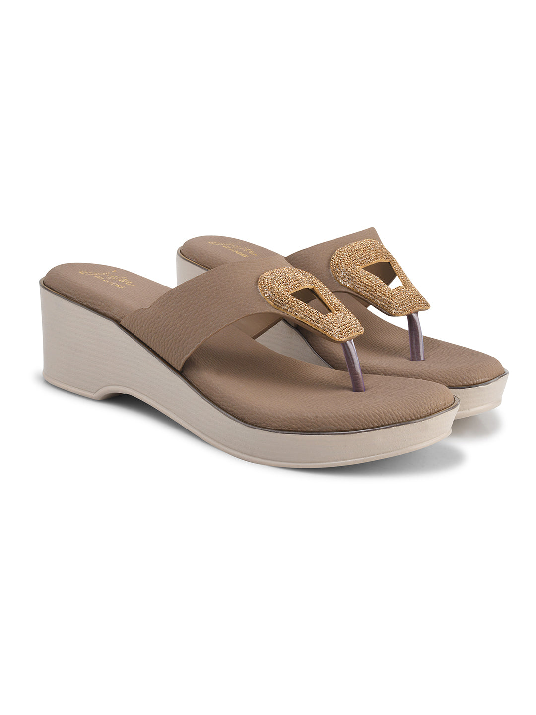 Wedge slip-on sandals with metallic buckle detail by Jm Looks for women and girls Copper
