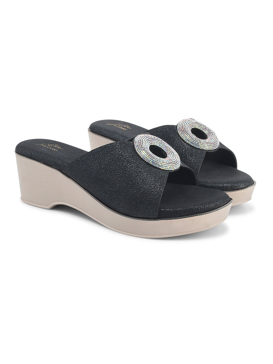 Wedge sandals for women and girls by Jm Looks with shimmer buckle detail Black