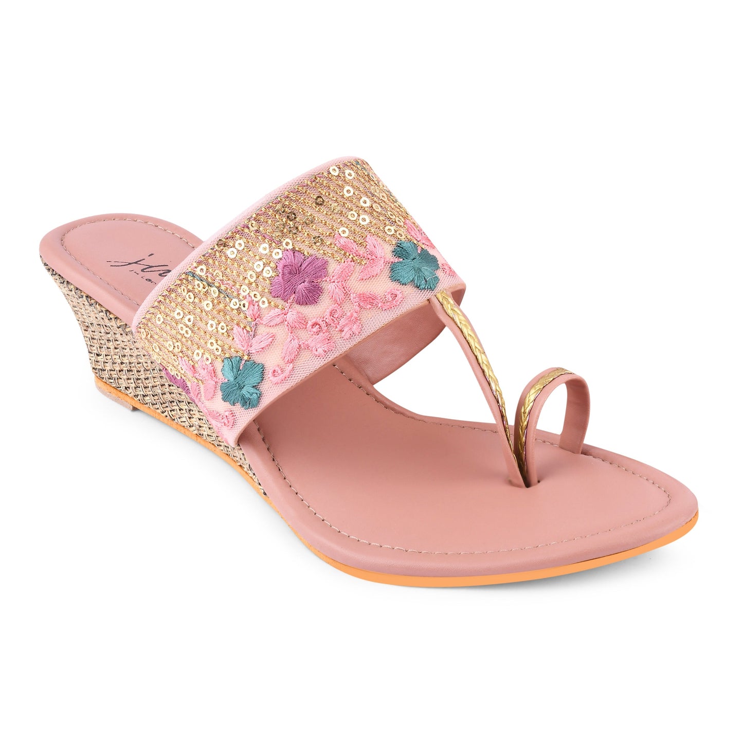 Floral embroidered wedge heel sandal for women featuring peach sequin strap and woven jute wedge heel