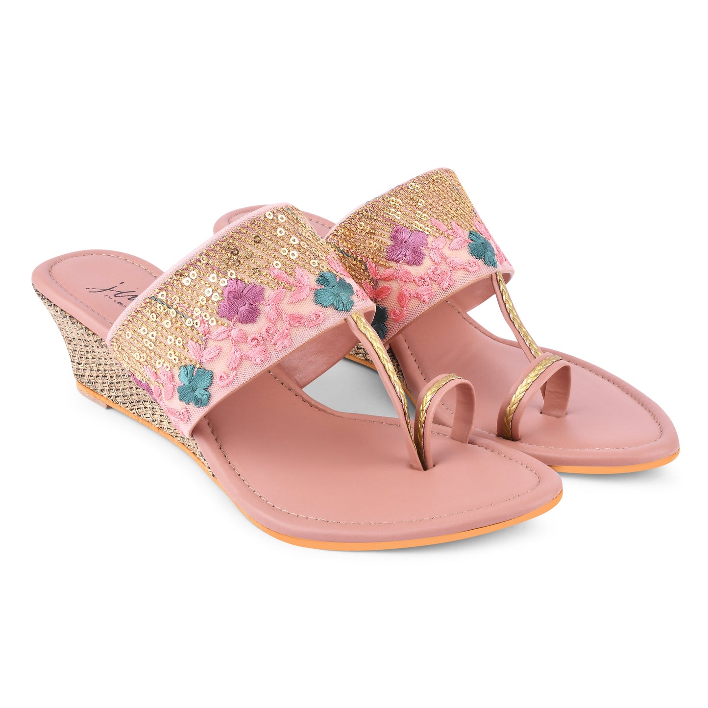 embroidered toe-ring flat sandals with floral and sequin details
Peach