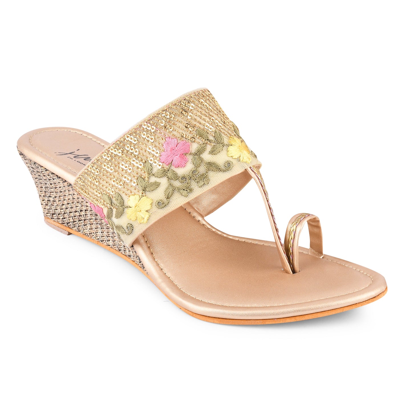embroidered toe-ring flat sandals with floral and sequin details
Golden
