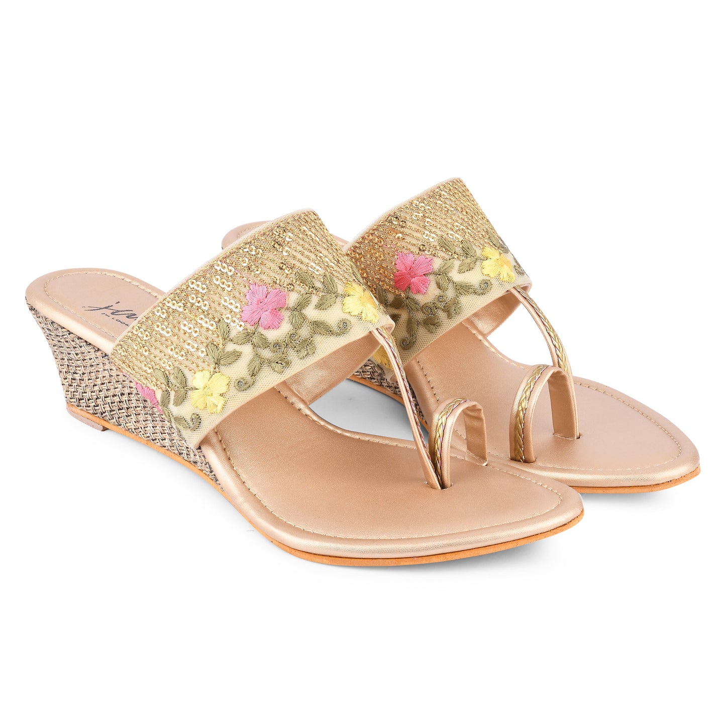 embroidered toe-ring flat sandals with floral and sequin details
Golden
