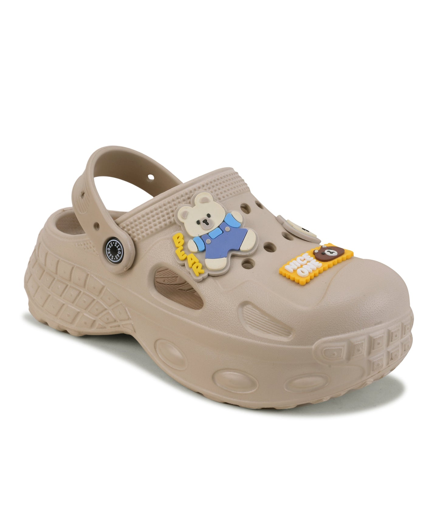 Clogs for women in beige with bear charms, back strap and chunky textured sole
