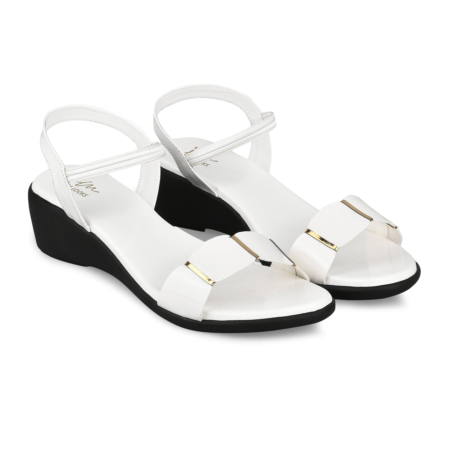 women's patent wedge sandals with a wide strap across the toes and an adjustable slingback strap
White