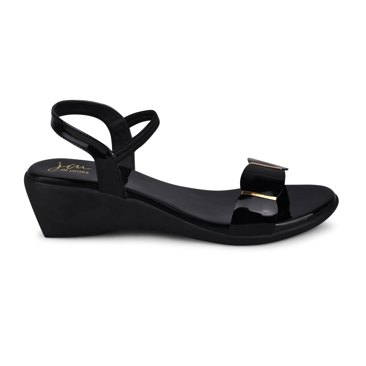 women's patent wedge sandals with a wide strap across the toes and an adjustable slingback strap
Black