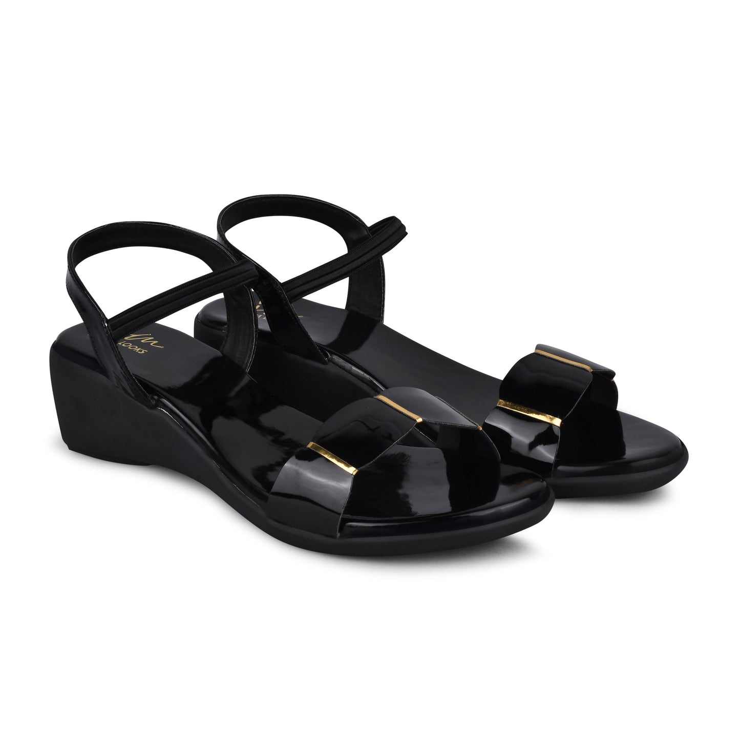 women's patent wedge sandals with a wide strap across the toes and an adjustable slingback strap
Black
