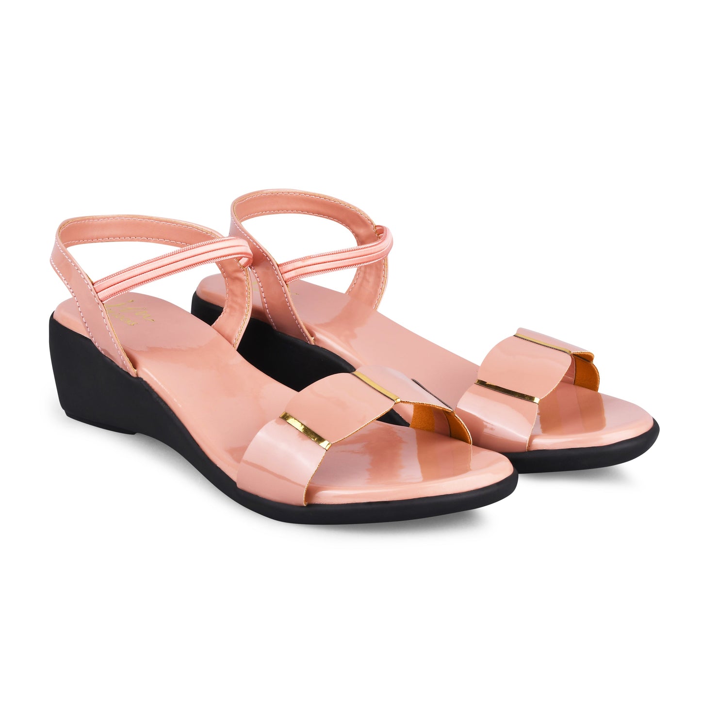 women's patent wedge sandals with a wide strap across the toes and an adjustable slingback strap
Peach
