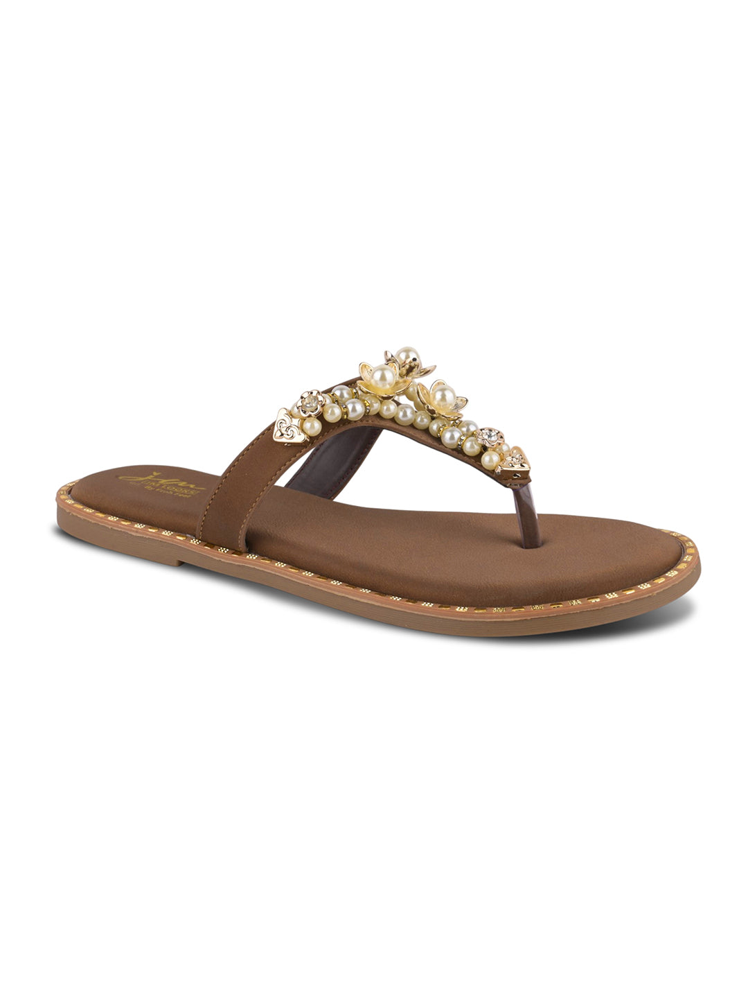 JM LOOKS Pearl Floral Studded Thong Flat Sandals Slip On Slides