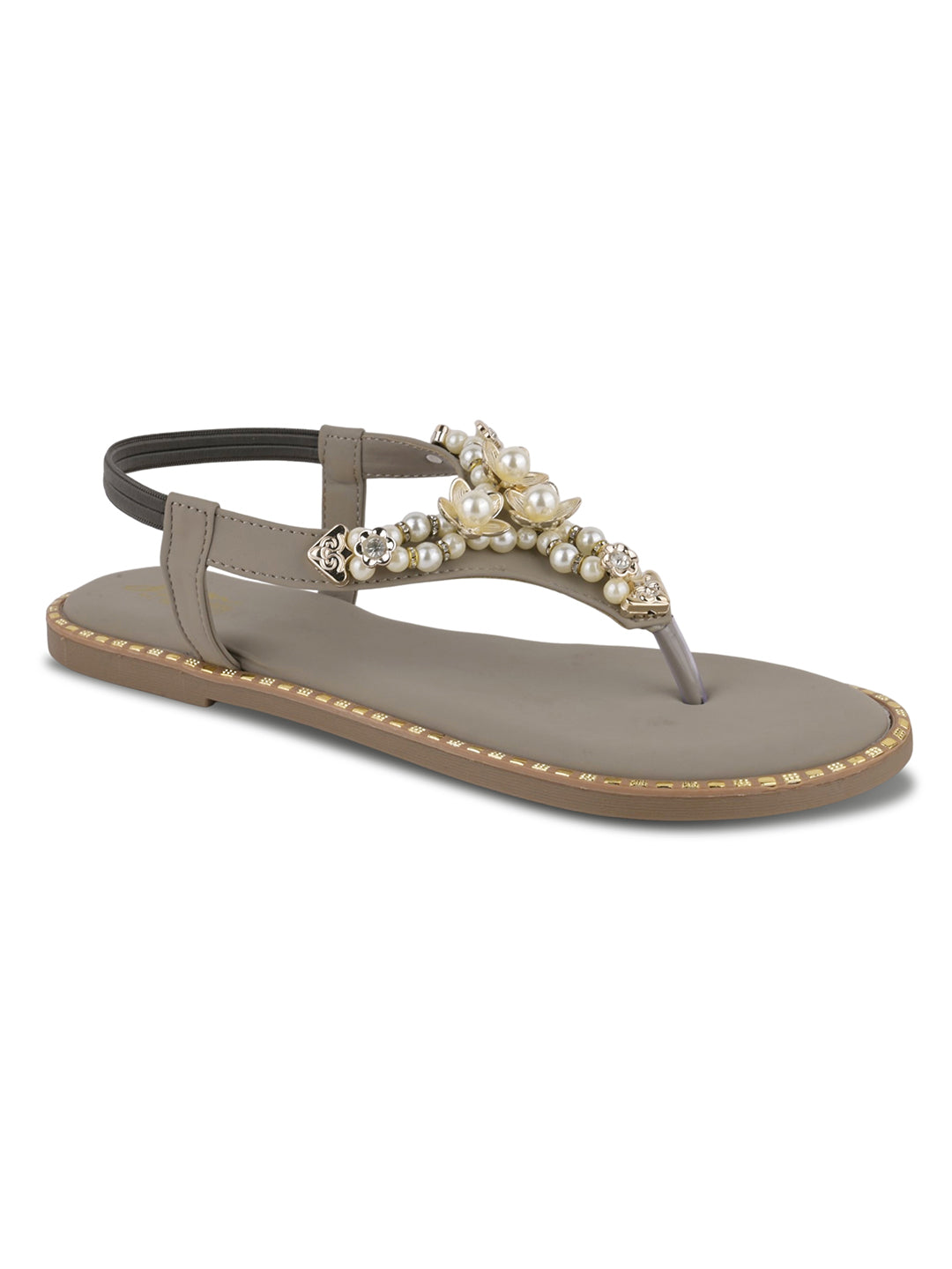 JM LOOKS Pearl Floral Studded T-Strap Flat Sandals with Back Strap
