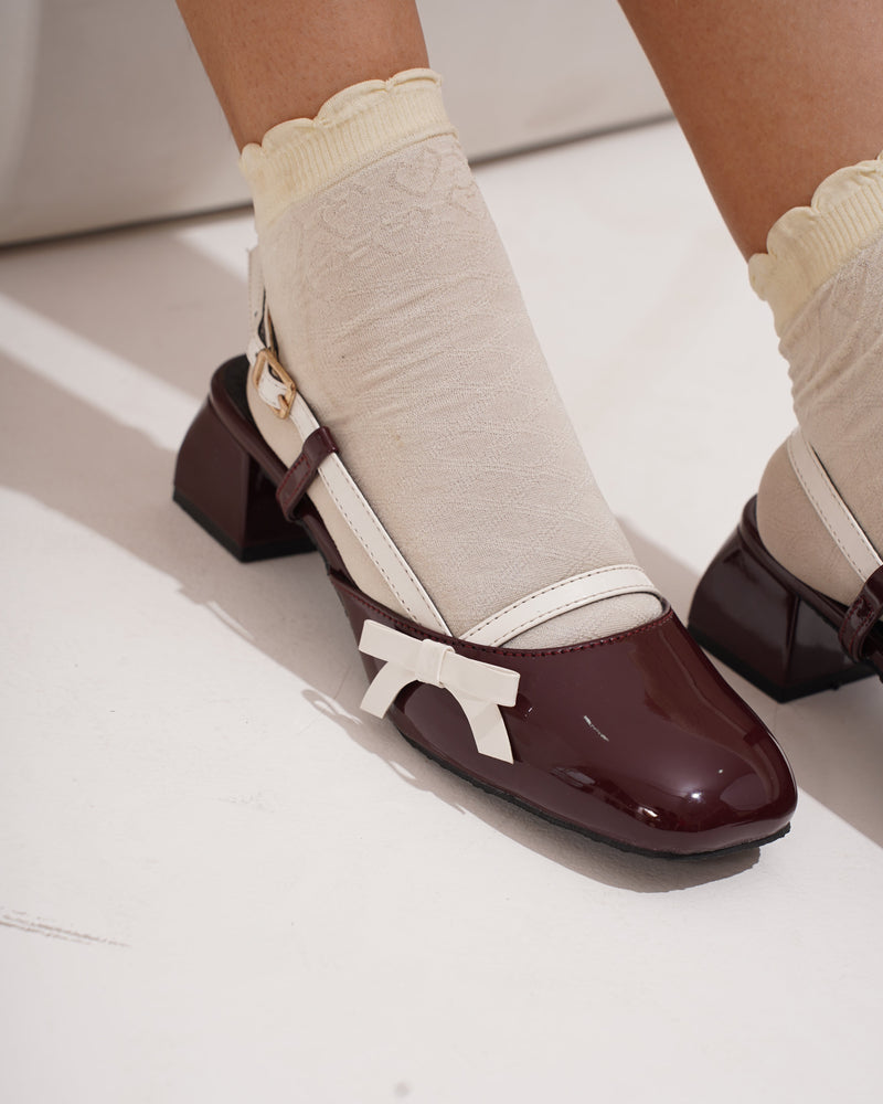 Glossy Buckle Strap Mary Jane Heels with Bow Detail - 11