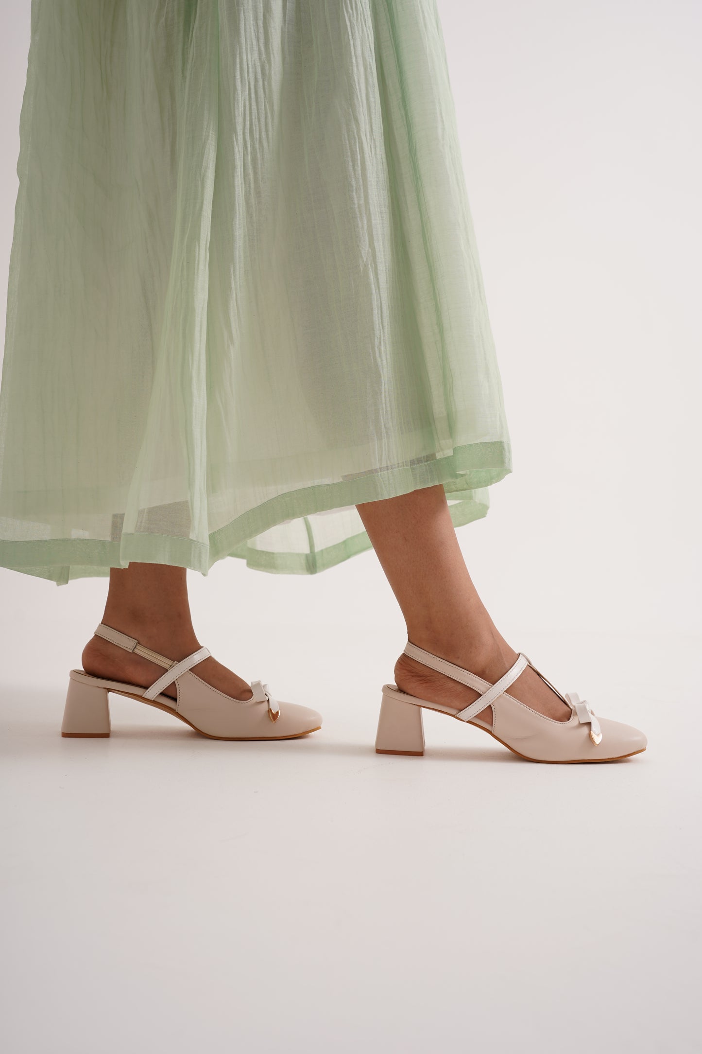 Bow Detail Slingback Heels | Block Heel Pumps | JM Looks Cream