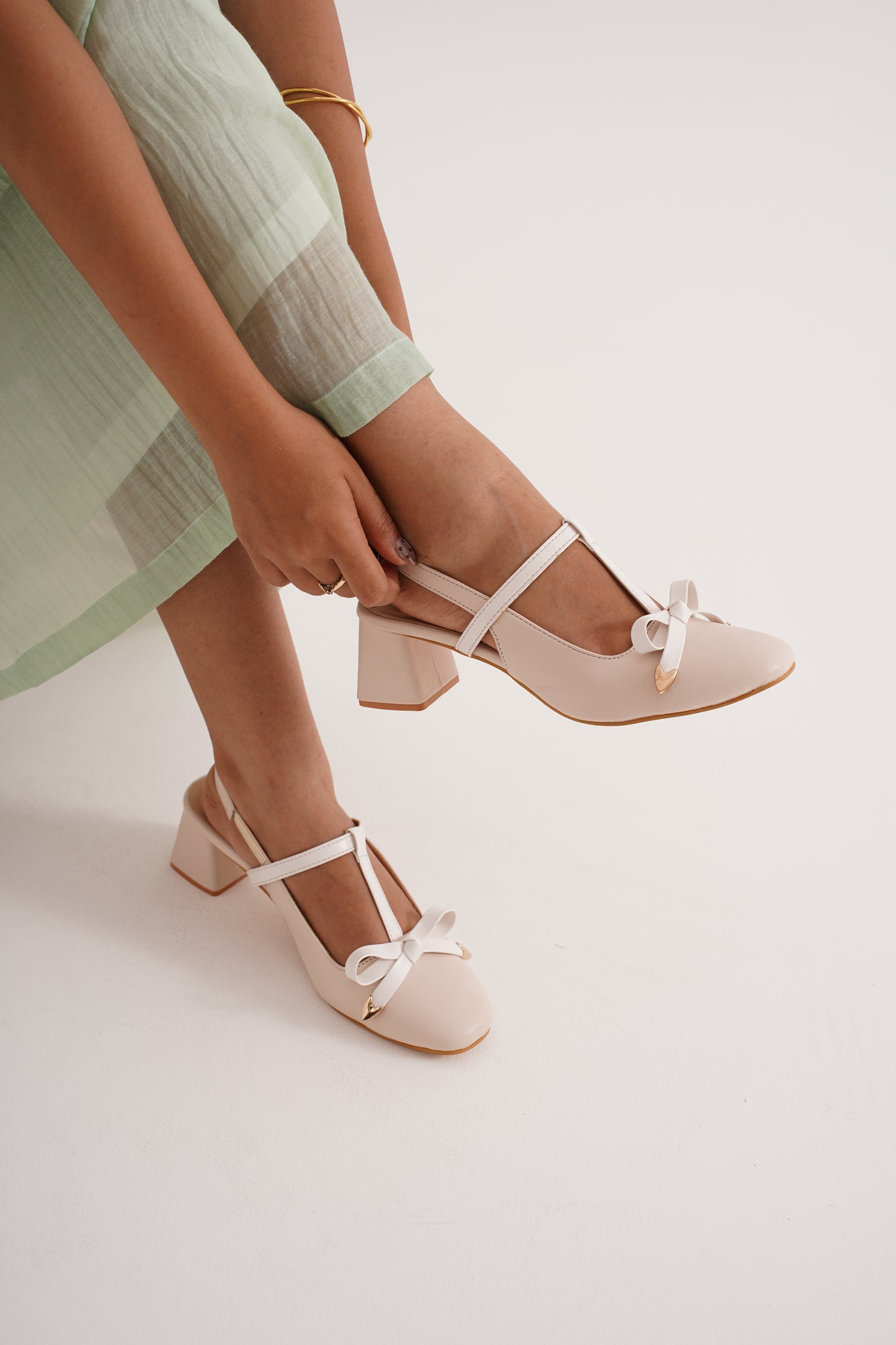 Bow Detail Slingback Heels | Block Heel Pumps | JM Looks Cream