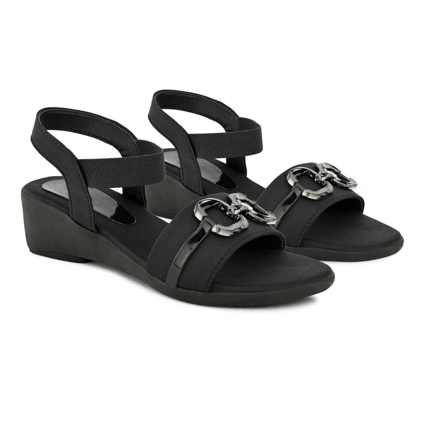 Jm Looks wedge sandals featuring a decorative buckle and an elastic ankle strap
Black