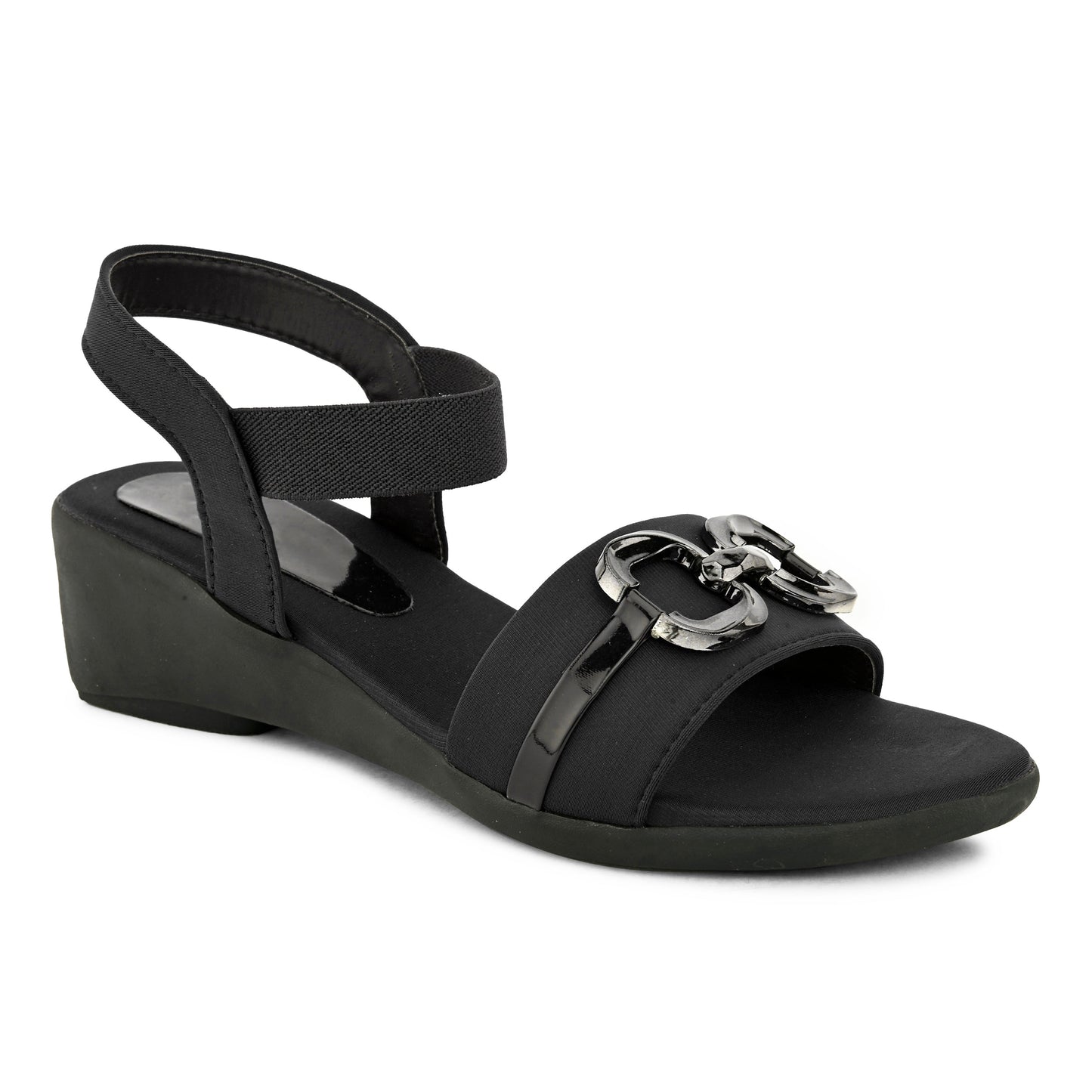 Jm Looks wedge sandals featuring a decorative buckle and an elastic ankle strap
Black