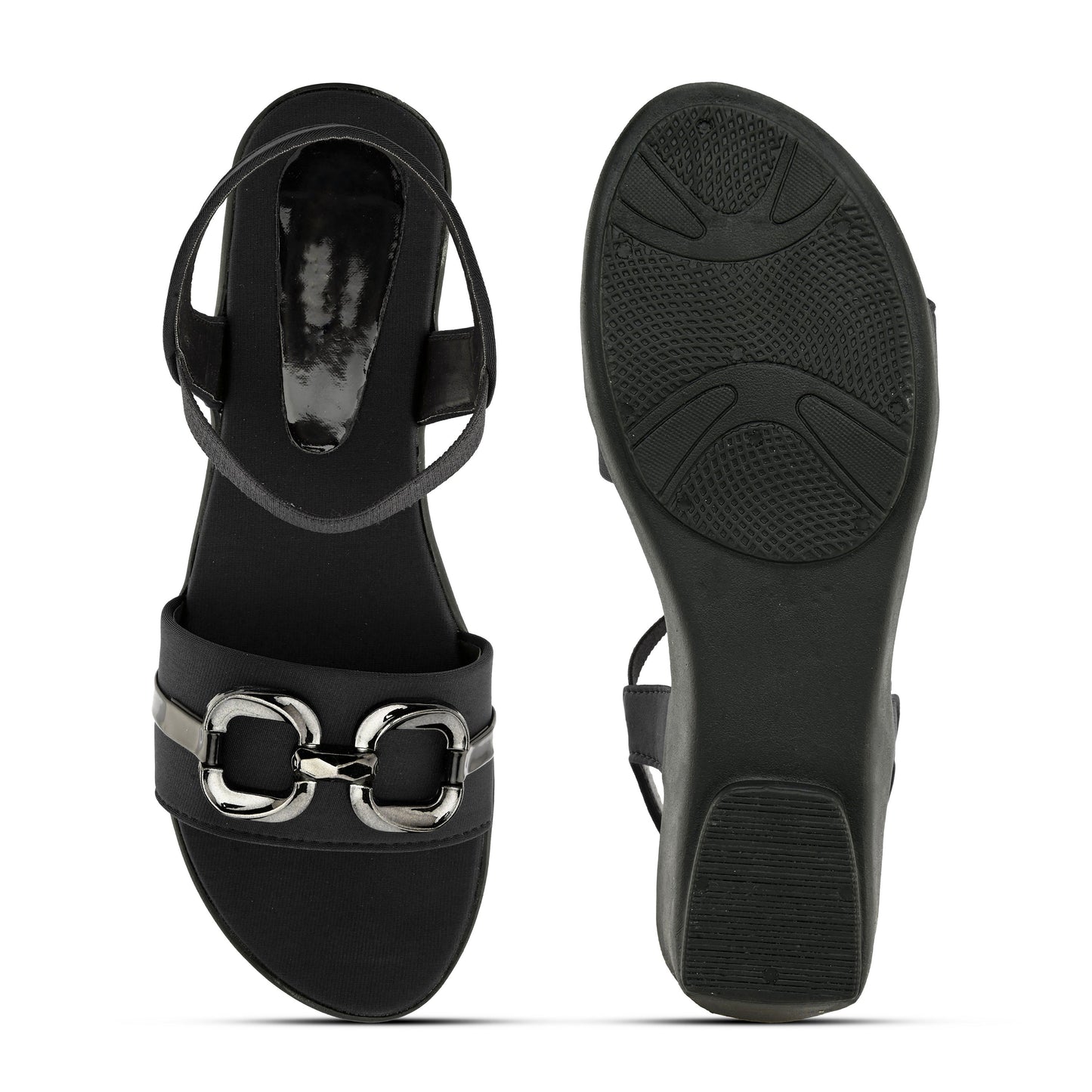 Jm Looks wedge sandals featuring a decorative buckle and an elastic ankle strap
Black