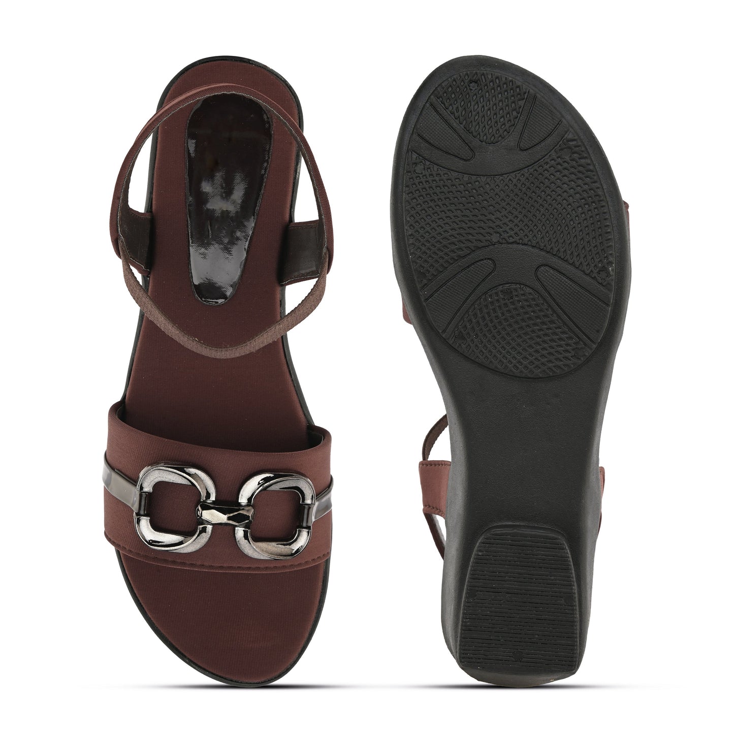 Jm Looks wedge sandals featuring a decorative buckle and an elastic ankle strap
Brown