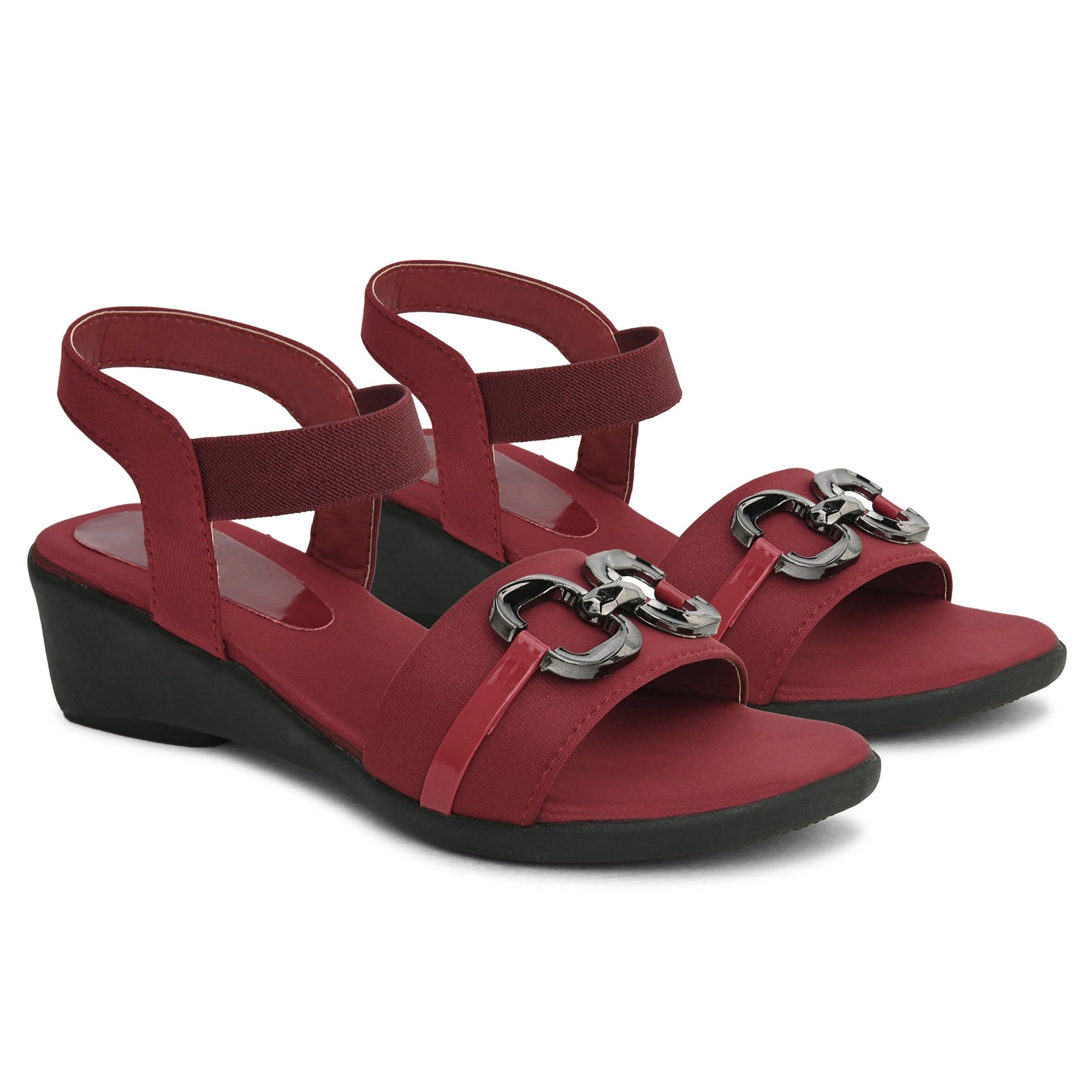 Jm Looks wedge sandals featuring a decorative buckle and an elastic ankle strap
Cherry