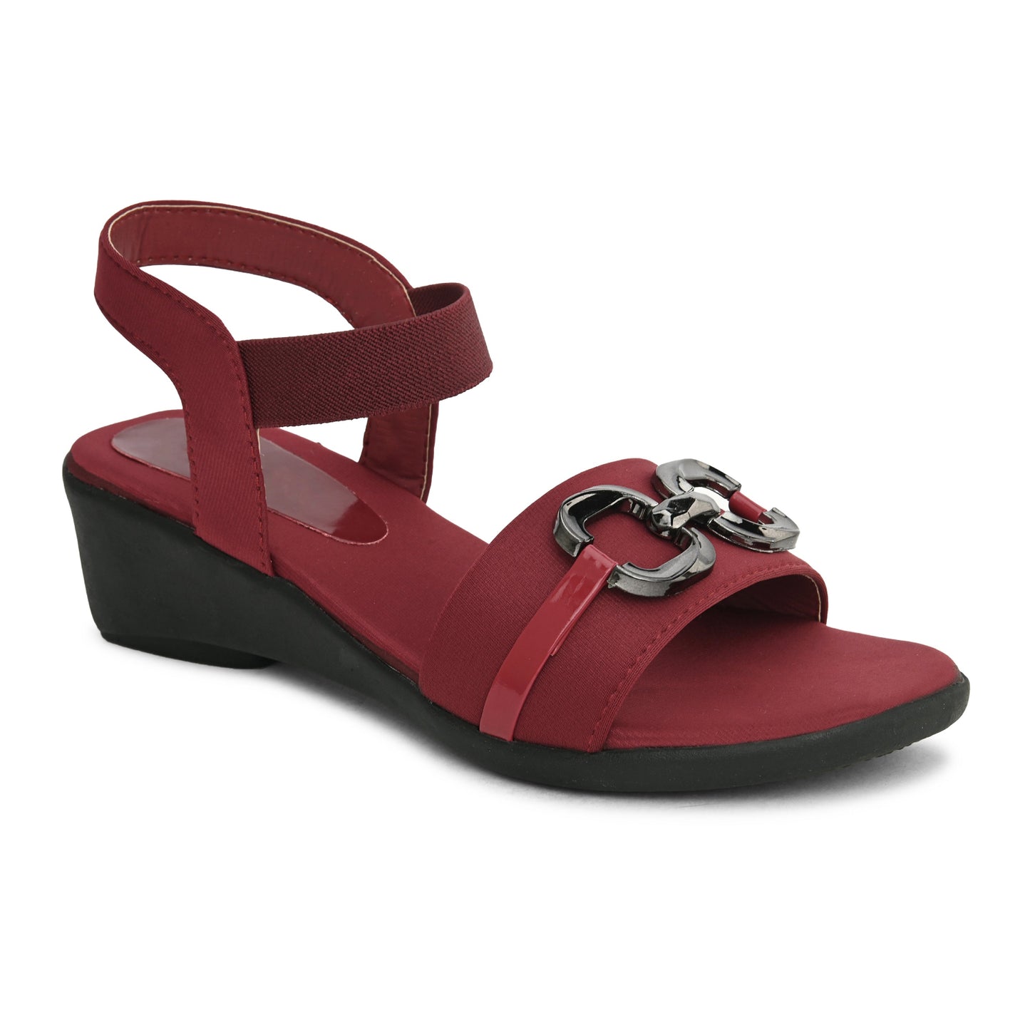 Jm Looks Open & Raund Toe Wedge Block Heel Sandals for Women with buckle and an elastic ankle strap Cherry