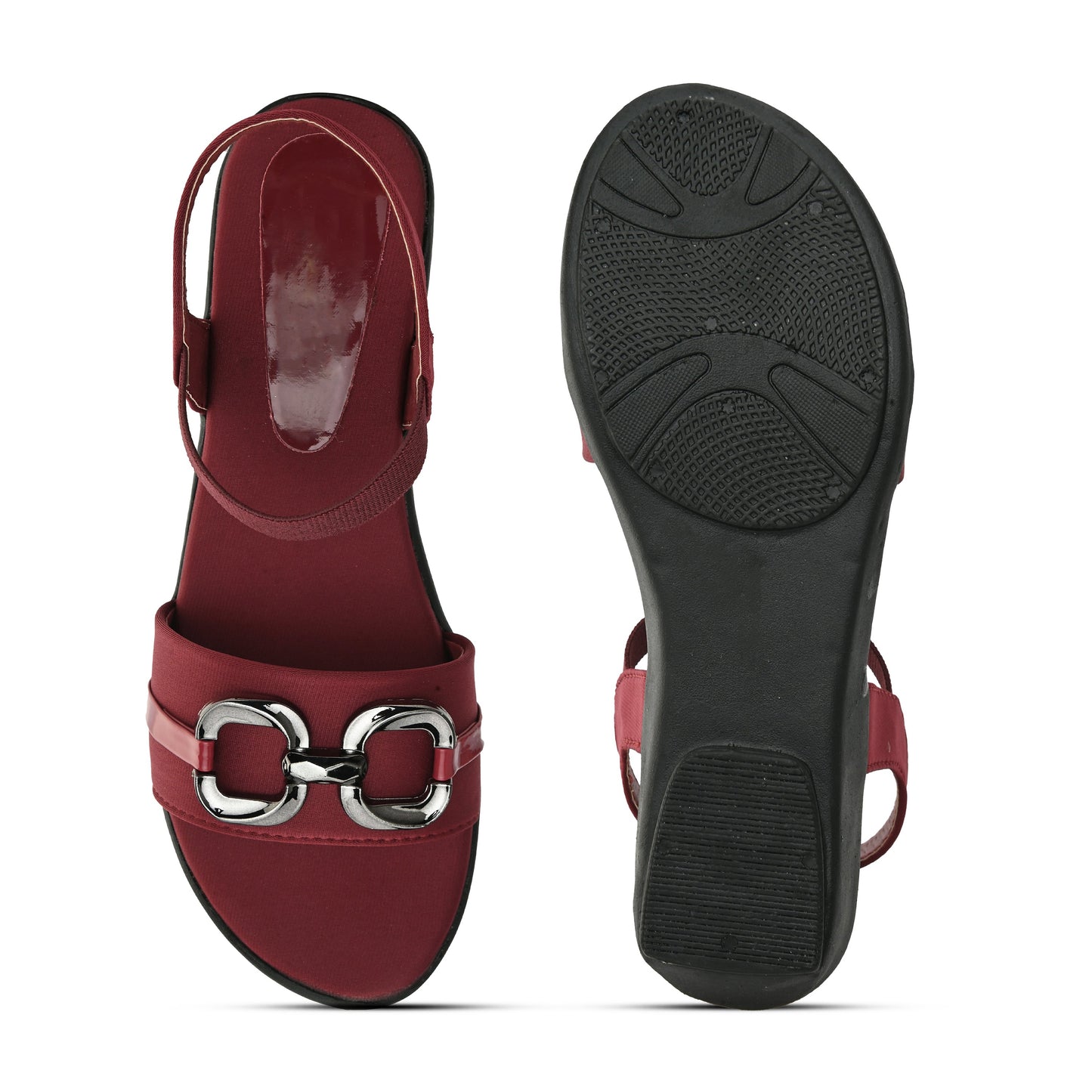 Jm Looks wedge sandals featuring a decorative buckle and an elastic ankle strap
Cherry