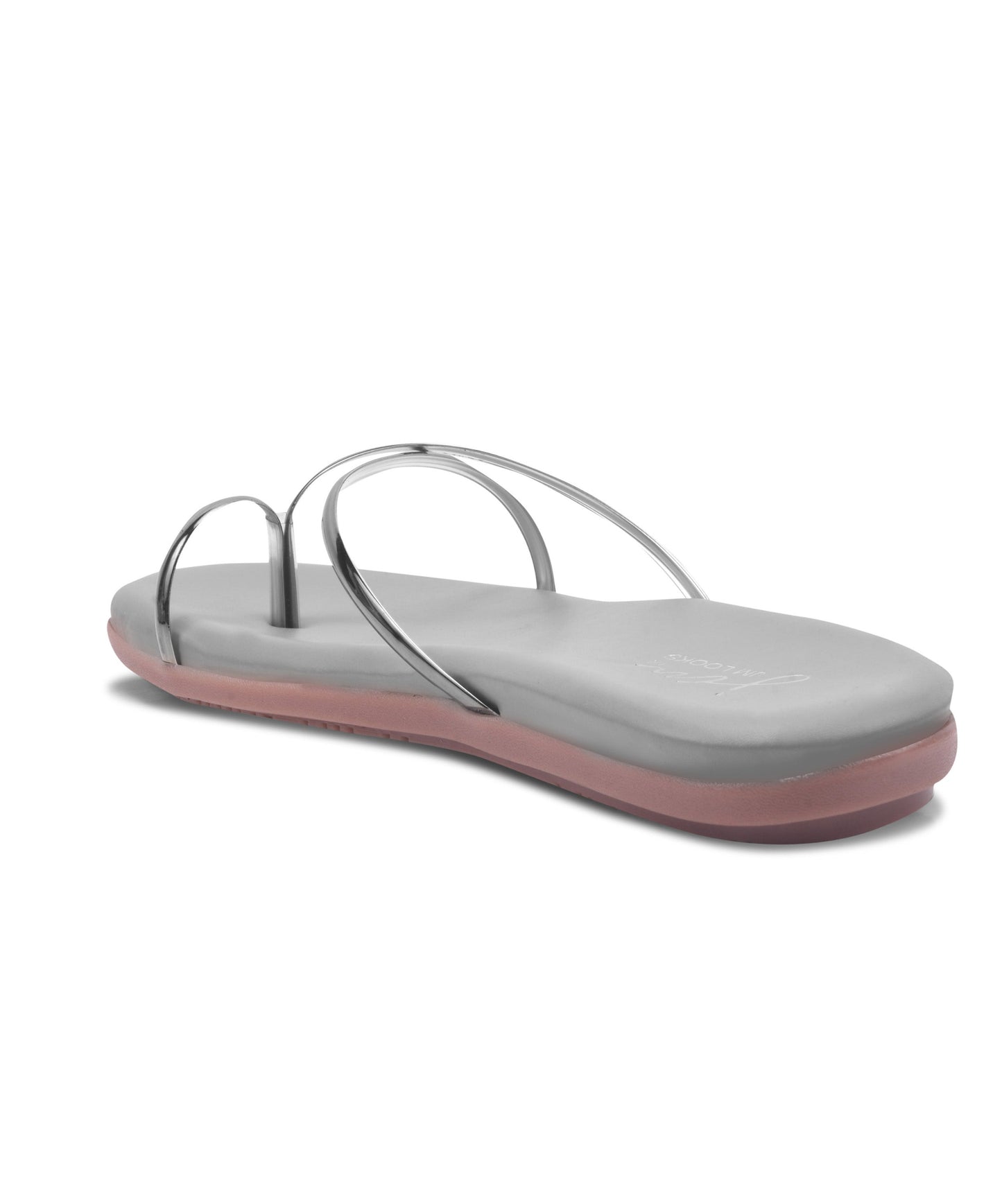 Strappy slip-on flat sandals with crisscross metallic grey straps and cushioned tan footbed soles.