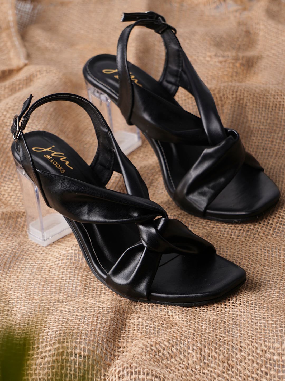Jm Looks women's twisted strap clear heel sandals with an ankle strap
Black